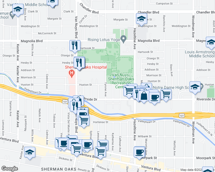 map of restaurants, bars, coffee shops, grocery stores, and more near 4856 Tyrone Avenue in Los Angeles
