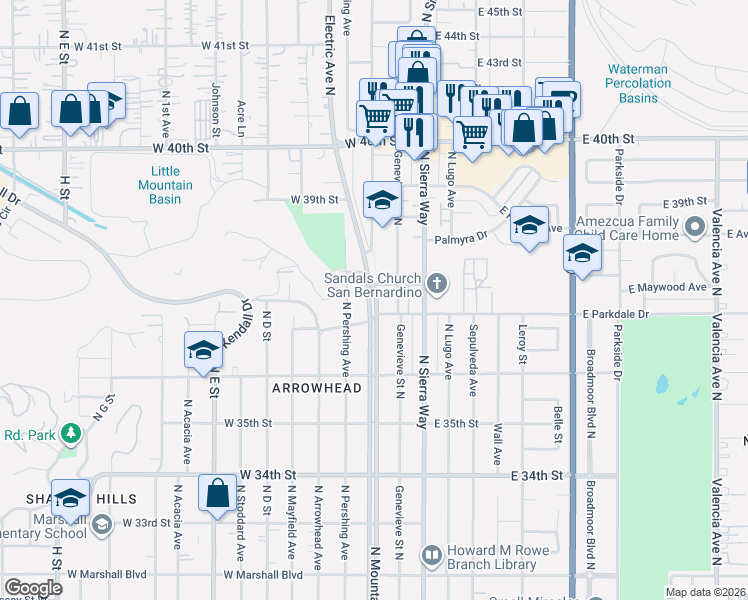 map of restaurants, bars, coffee shops, grocery stores, and more near 3770 Genevieve Street North in San Bernardino