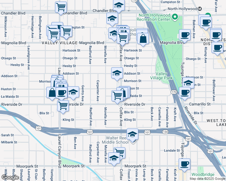 map of restaurants, bars, coffee shops, grocery stores, and more near 11734 Huston Street in Los Angeles