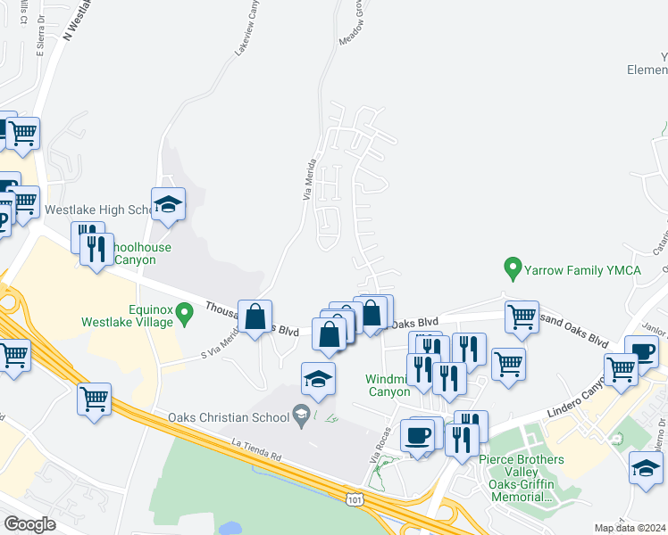 map of restaurants, bars, coffee shops, grocery stores, and more near 1155 Via Colinas in Westlake Village