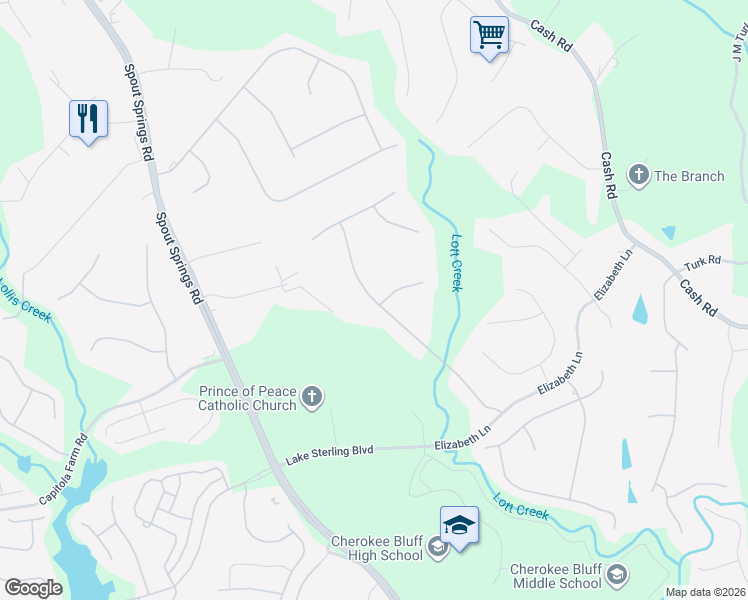 map of restaurants, bars, coffee shops, grocery stores, and more near Mulberry Preserve Drive in Flowery Branch