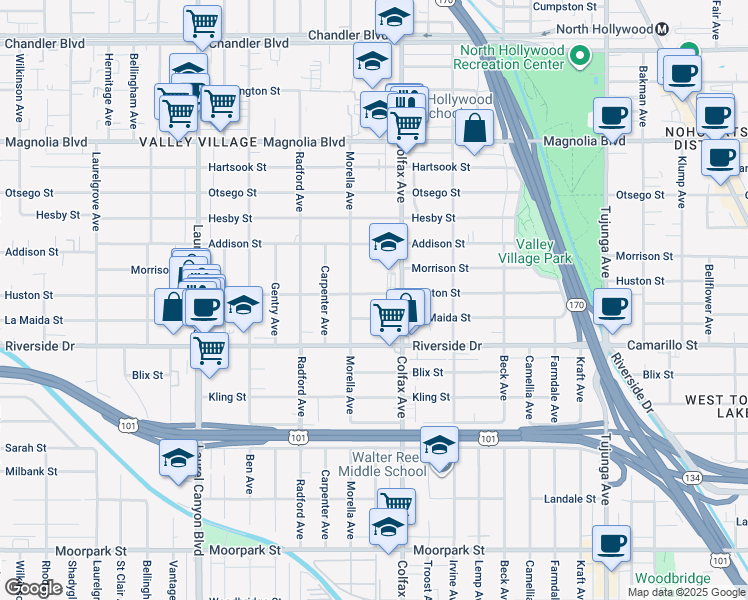 map of restaurants, bars, coffee shops, grocery stores, and more near 11734 Huston Street in Los Angeles
