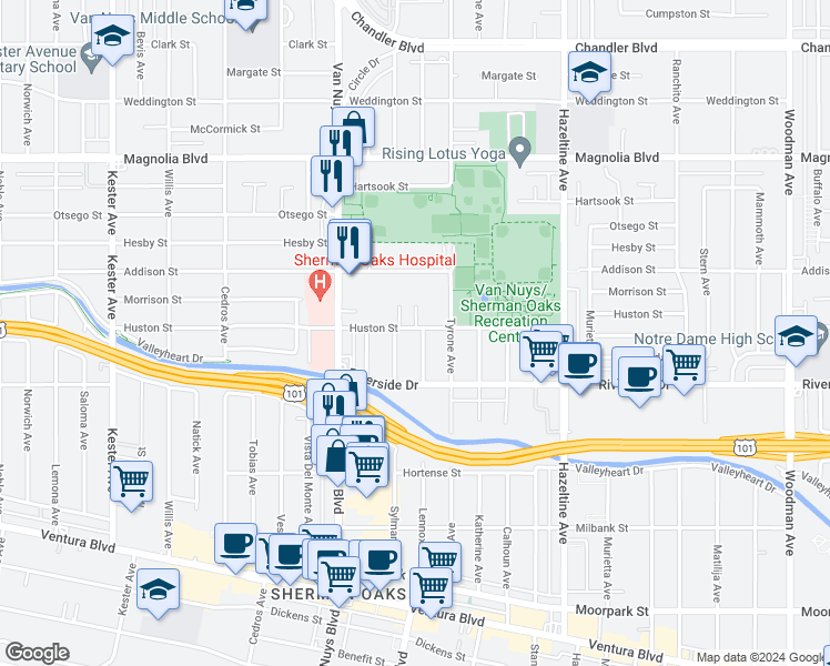 map of restaurants, bars, coffee shops, grocery stores, and more near 4857 Lennox Avenue in Los Angeles