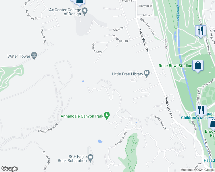 map of restaurants, bars, coffee shops, grocery stores, and more near 1525 Glen Oaks Boulevard in Pasadena