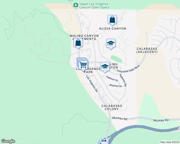 map of restaurants, bars, coffee shops, grocery stores, and more near 5606 Las Virgenes Road in Calabasas