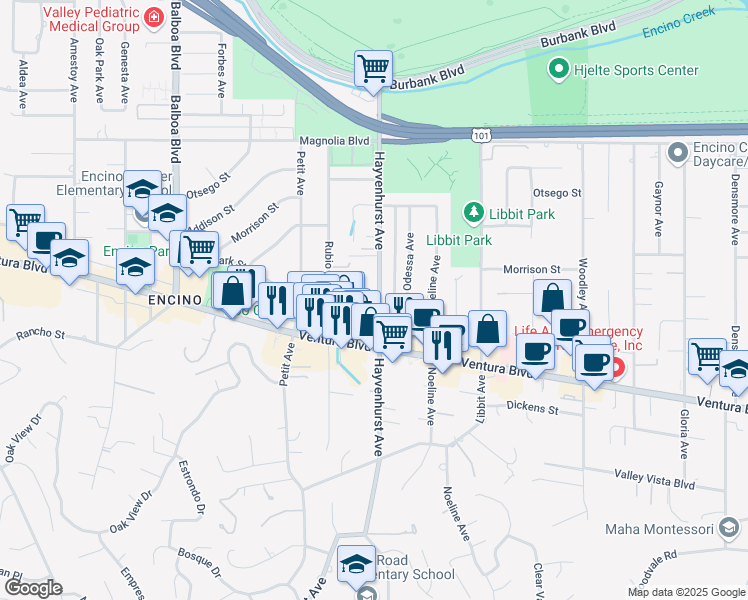 map of restaurants, bars, coffee shops, grocery stores, and more near 16500 Moorpark Street in Los Angeles