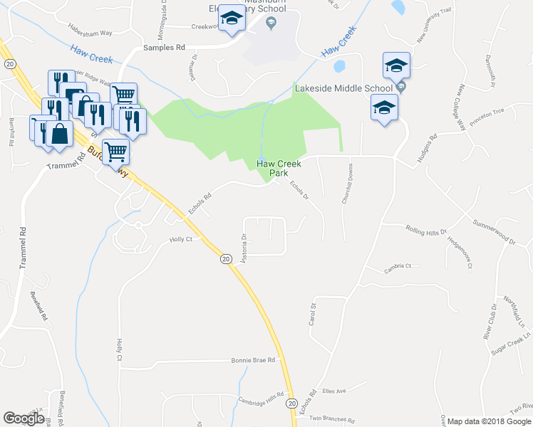 map of restaurants, bars, coffee shops, grocery stores, and more near 2325 Vistoria Drive in Cumming