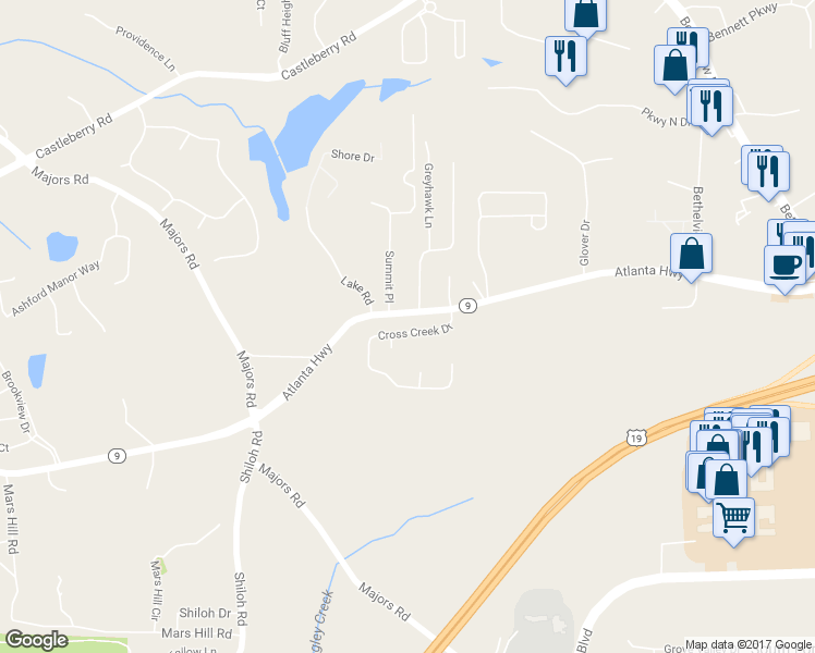 map of restaurants, bars, coffee shops, grocery stores, and more near 2896 Cross Creek Drive in Cumming