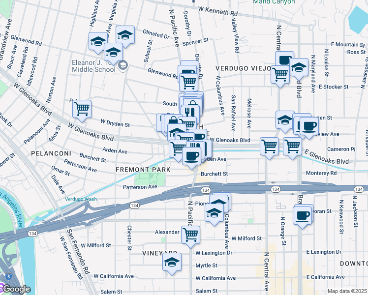 map of restaurants, bars, coffee shops, grocery stores, and more near 522 West Glenoaks Boulevard in Glendale