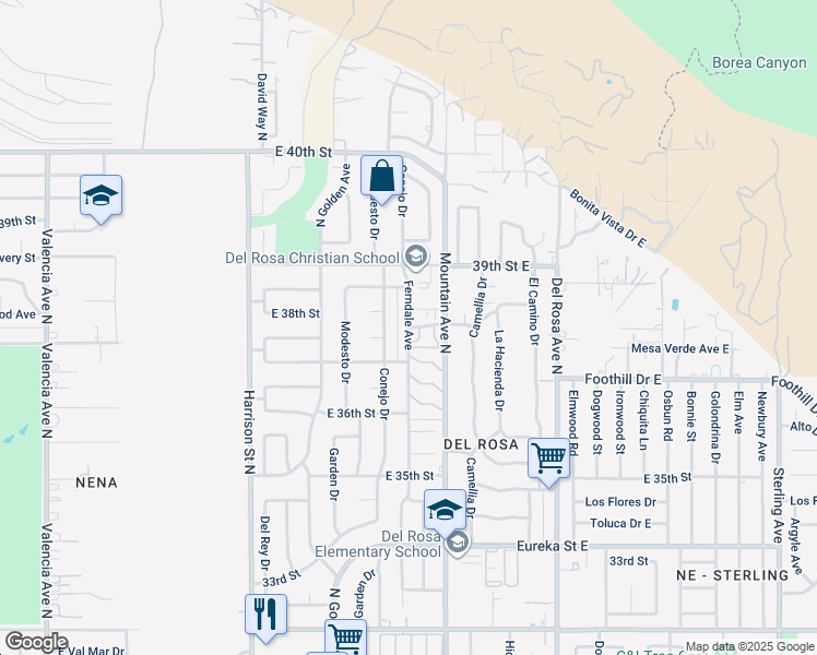 map of restaurants, bars, coffee shops, grocery stores, and more near Ferndale Avenue in San Bernardino