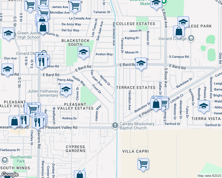 map of restaurants, bars, coffee shops, grocery stores, and more near 4441 Nimitz Drive in Oxnard