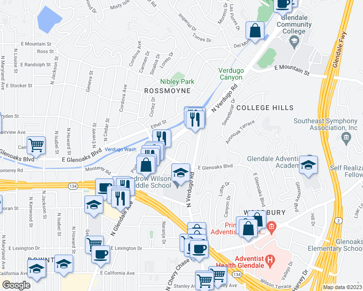 map of restaurants, bars, coffee shops, grocery stores, and more near 928 Verdugo Circle Drive in Glendale