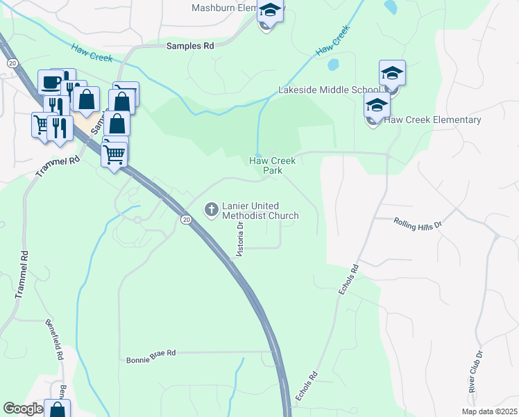 map of restaurants, bars, coffee shops, grocery stores, and more near 2315 Vistoria Drive in Cumming