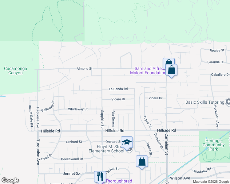 map of restaurants, bars, coffee shops, grocery stores, and more near 8317 La Senda Road in Rancho Cucamonga