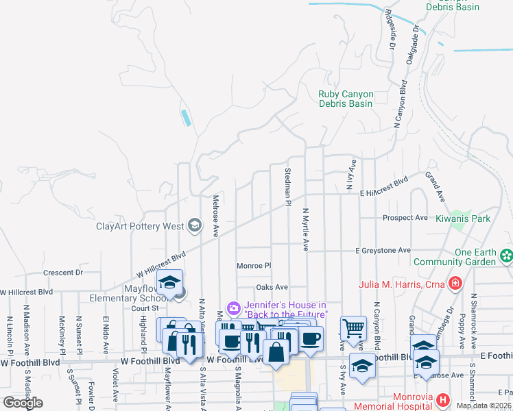 map of restaurants, bars, coffee shops, grocery stores, and more near 378 Patterson Drive in Monrovia