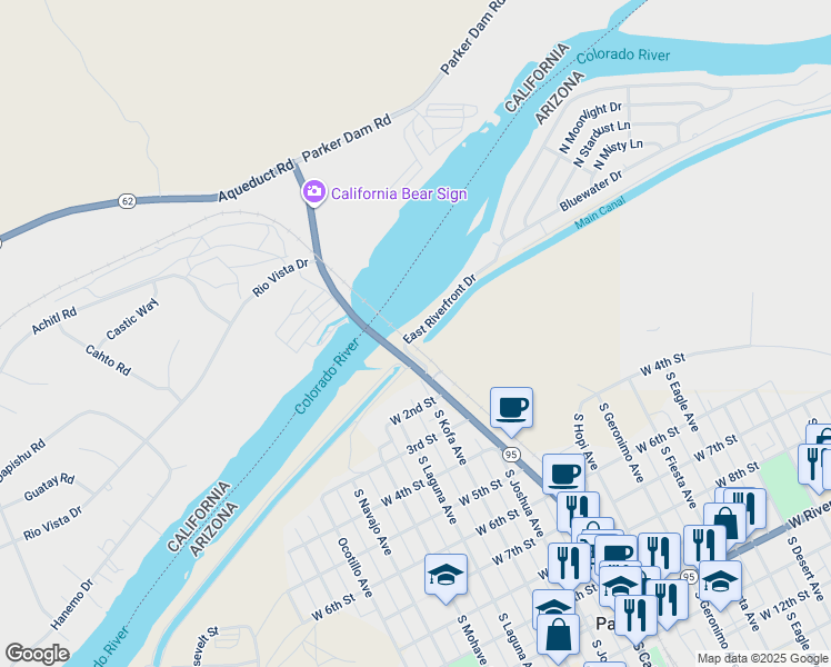 map of restaurants, bars, coffee shops, grocery stores, and more near East Riverfront Drive in Parker