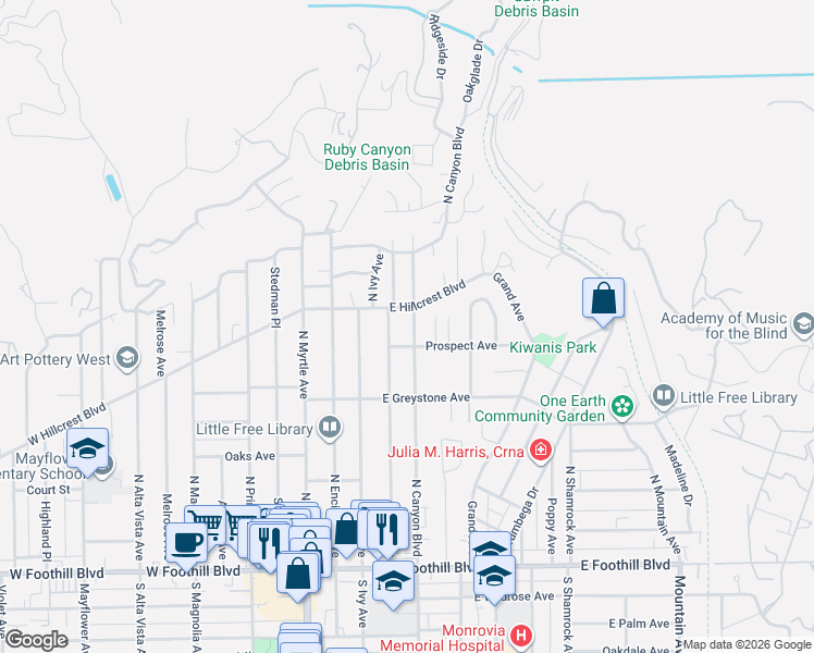 map of restaurants, bars, coffee shops, grocery stores, and more near 372 May Avenue in Monrovia
