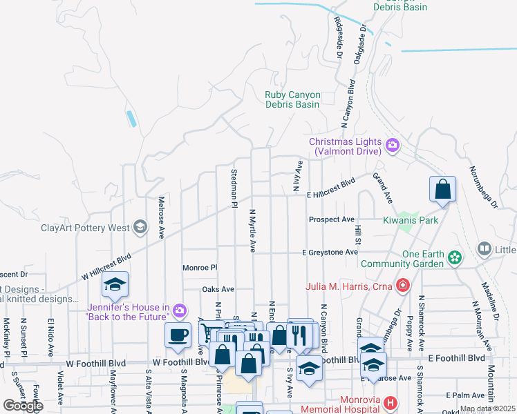 map of restaurants, bars, coffee shops, grocery stores, and more near 371 North Encinitas Avenue in Monrovia