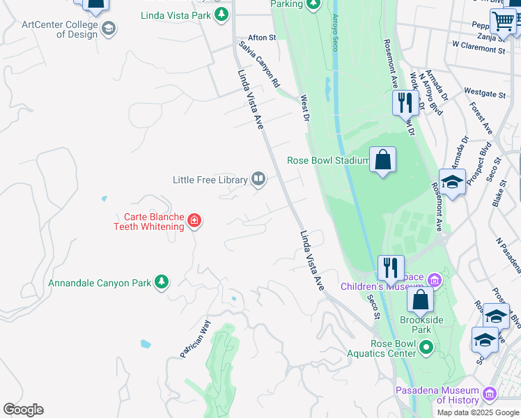 map of restaurants, bars, coffee shops, grocery stores, and more near 1201 Linda Ridge Lane in Pasadena