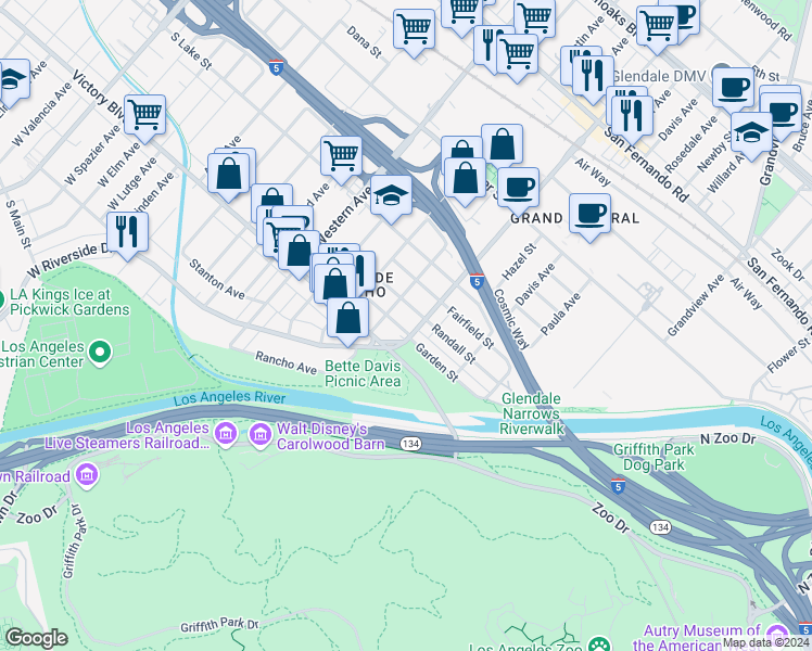 map of restaurants, bars, coffee shops, grocery stores, and more near 1511 Garden Street in Glendale