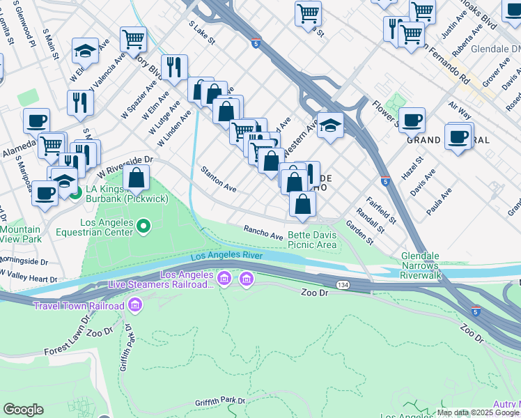 map of restaurants, bars, coffee shops, grocery stores, and more near 215 Winchester Avenue in Glendale