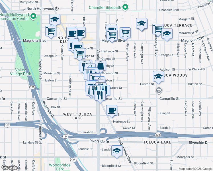 map of restaurants, bars, coffee shops, grocery stores, and more near 10946 Huston Street in Los Angeles