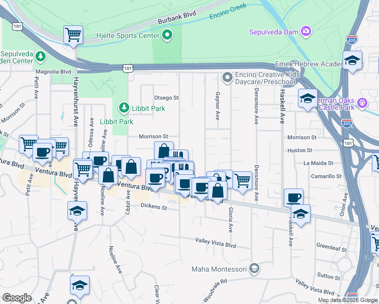 map of restaurants, bars, coffee shops, grocery stores, and more near 4932 Woodley Avenue in Los Angeles