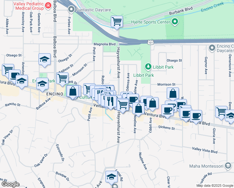 map of restaurants, bars, coffee shops, grocery stores, and more near 16501 Moorpark Street in Los Angeles