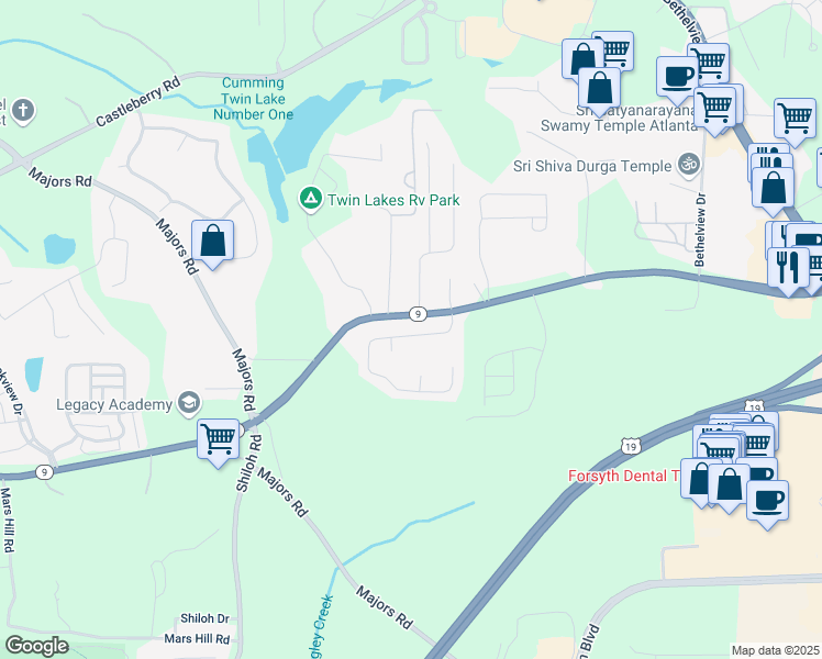 map of restaurants, bars, coffee shops, grocery stores, and more near 2892 Cross Creek Drive in Cumming