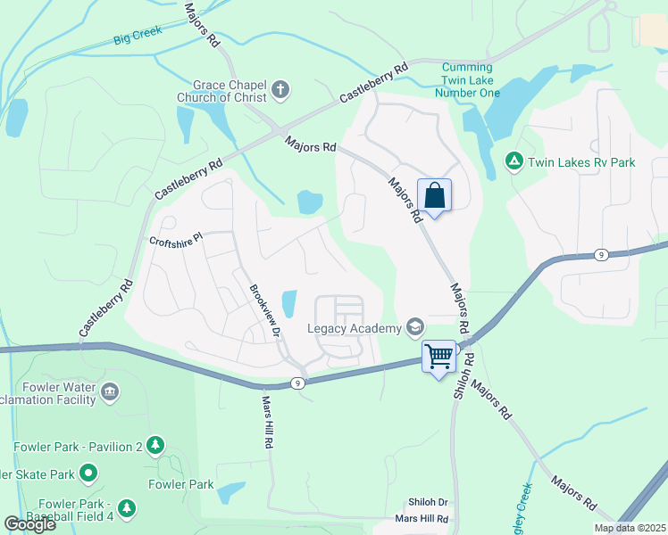 map of restaurants, bars, coffee shops, grocery stores, and more near 7190 Tributary Court in Cumming