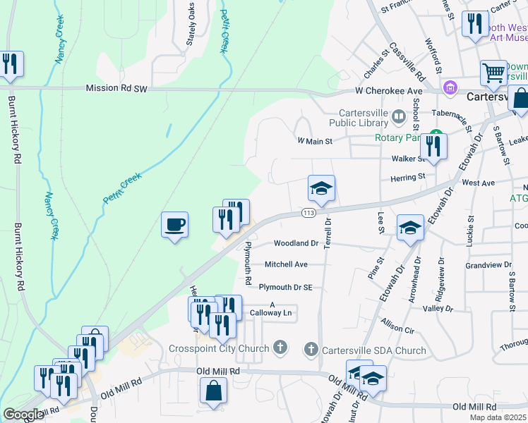 map of restaurants, bars, coffee shops, grocery stores, and more near 767 West Avenue in Cartersville