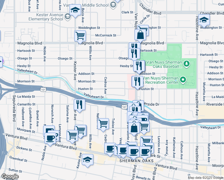 map of restaurants, bars, coffee shops, grocery stores, and more near 14634 Huston Street in Los Angeles