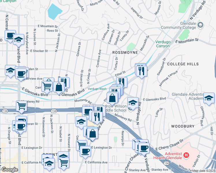 map of restaurants, bars, coffee shops, grocery stores, and more near 969 Coronado Drive in Glendale