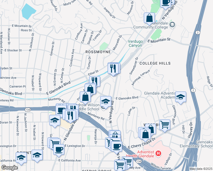 map of restaurants, bars, coffee shops, grocery stores, and more near 928 Verdugo Circle Drive in Glendale