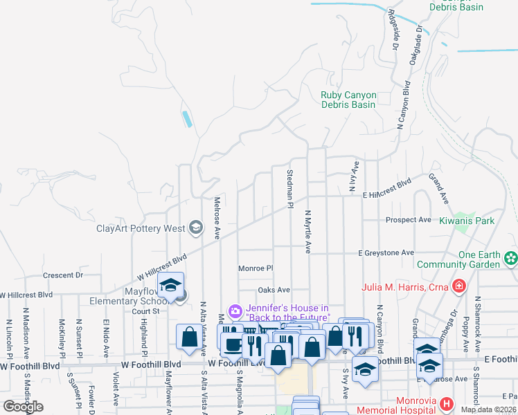 map of restaurants, bars, coffee shops, grocery stores, and more near 378 Patterson Drive in Monrovia