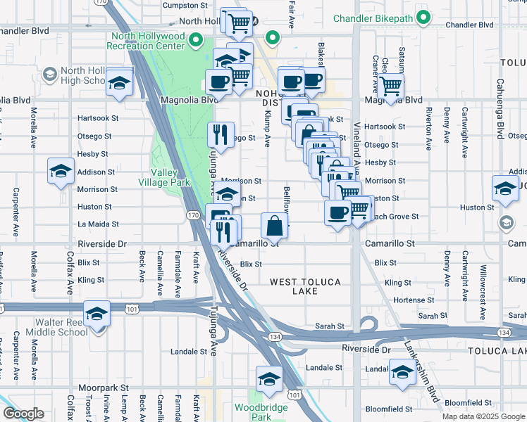 map of restaurants, bars, coffee shops, grocery stores, and more near 11241 Peach Grove Street in Los Angeles