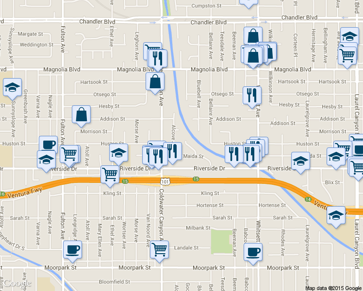 map of restaurants, bars, coffee shops, grocery stores, and more near 4875 Bluebell Avenue in Los Angeles