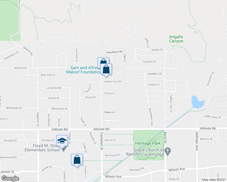 map of restaurants, bars, coffee shops, grocery stores, and more near 8770 Strang Lane in Rancho Cucamonga