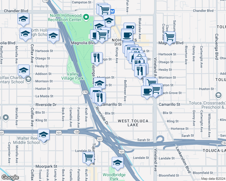 map of restaurants, bars, coffee shops, grocery stores, and more near 11253 Peach Grove Street in Los Angeles