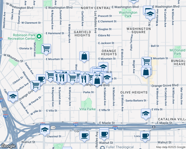 map of restaurants, bars, coffee shops, grocery stores, and more near 409 Ashtabula Street in Pasadena