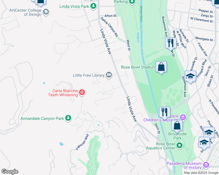 map of restaurants, bars, coffee shops, grocery stores, and more near 1201 Linda Ridge Lane in Pasadena