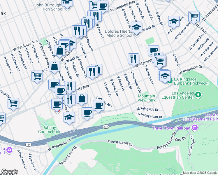 map of restaurants, bars, coffee shops, grocery stores, and more near 524 South Parish Place in Burbank