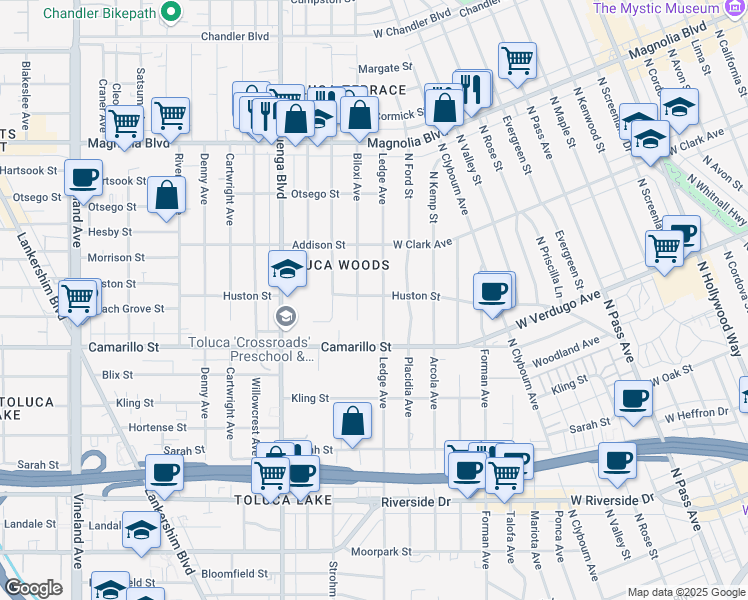 map of restaurants, bars, coffee shops, grocery stores, and more near 4855 Ledge Avenue in Los Angeles