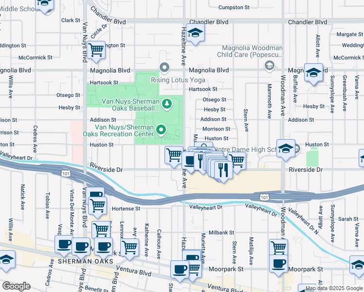 map of restaurants, bars, coffee shops, grocery stores, and more near 4851 Hazeltine Avenue in Los Angeles