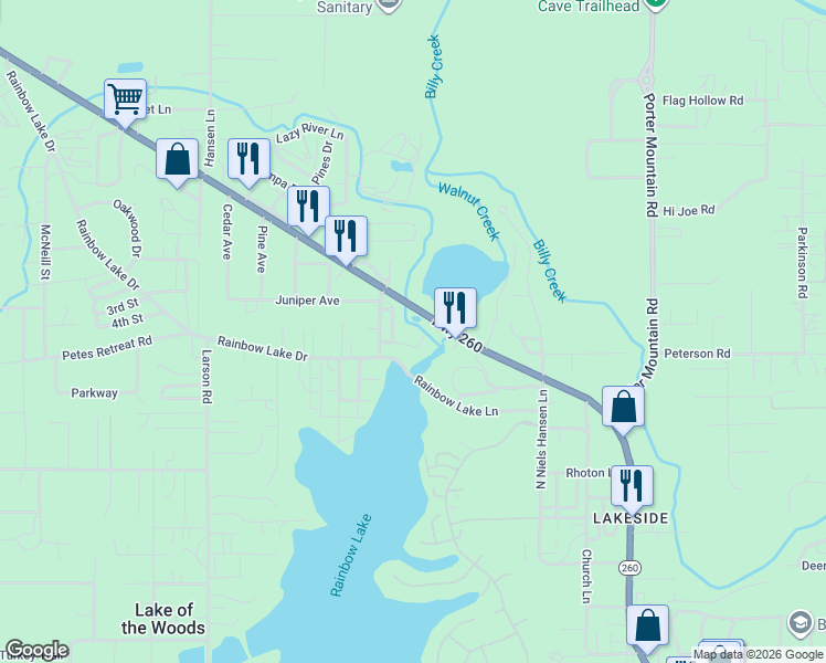 map of restaurants, bars, coffee shops, grocery stores, and more near 2520 Waters Edge Lane in Pinetop-Lakeside