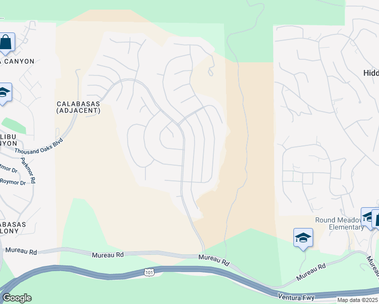map of restaurants, bars, coffee shops, grocery stores, and more near 5369 Newcastle Lane in Calabasas