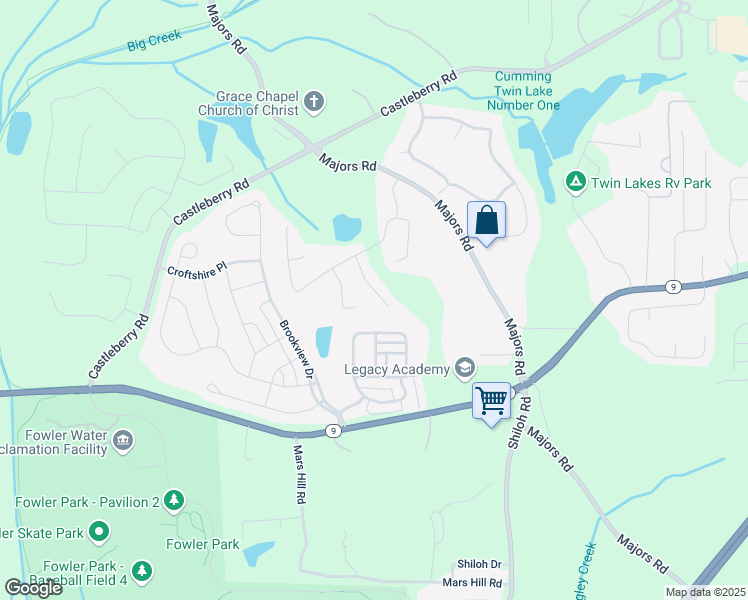 map of restaurants, bars, coffee shops, grocery stores, and more near 7190 Tributary Court in Cumming