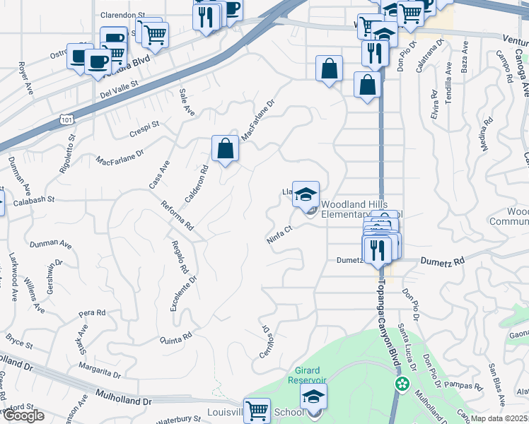 map of restaurants, bars, coffee shops, grocery stores, and more near 4981 Llano Drive in Los Angeles