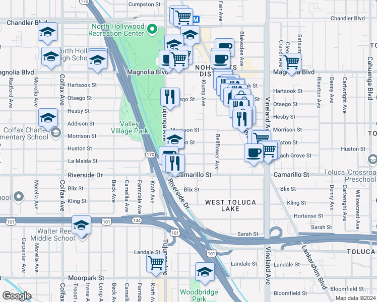 map of restaurants, bars, coffee shops, grocery stores, and more near 11275 Peach Grove Street in Los Angeles