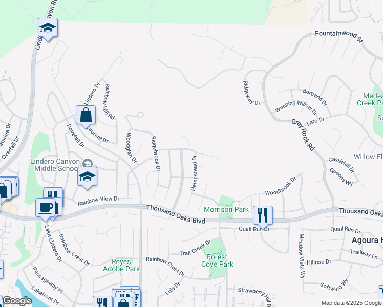 map of restaurants, bars, coffee shops, grocery stores, and more near 5859 Hempstead Drive in Agoura Hills